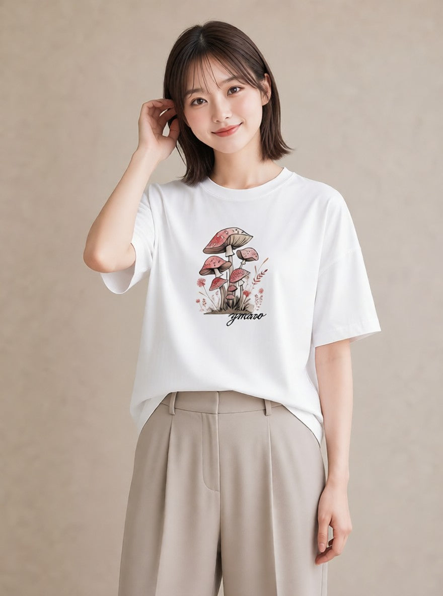 Tシャツ レディース きのこ 植物 ボタニカル イラスト 線画 自分用 ルームウェア 白T