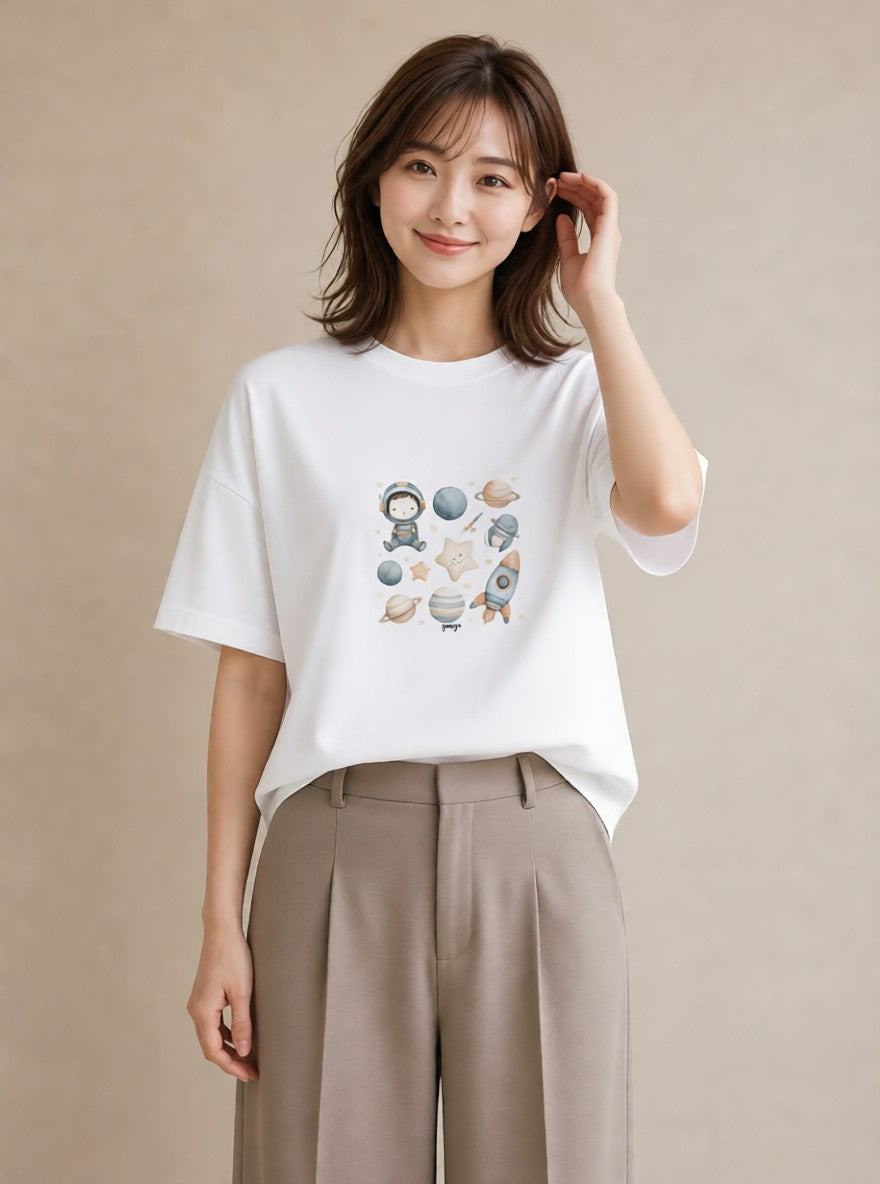 プリントTシャツ レディース プラネット 星空 宇宙 イラスト 韓国風 散歩 お出かけ 白T