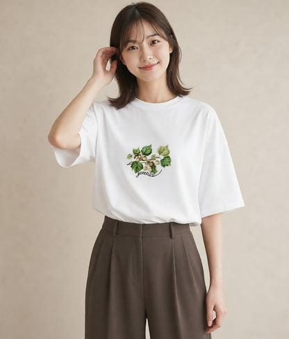 プリントTシャツ レディース 実り 植物 ボタニカル イラスト 韓国風 夏コーデ 通学 白T