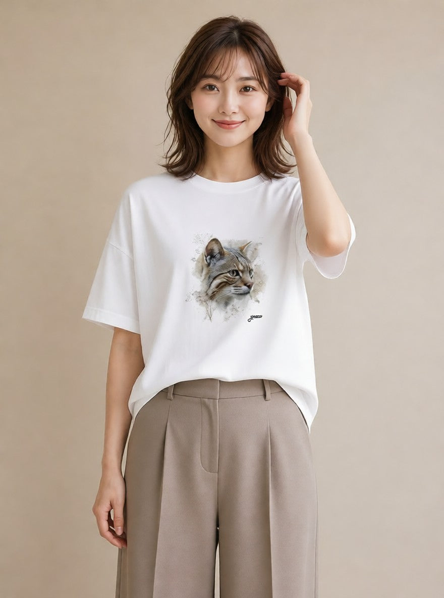 プリントTシャツ レディース キジトラ 猫 ねこ イラスト 個性的 ラフ レイヤード 白T