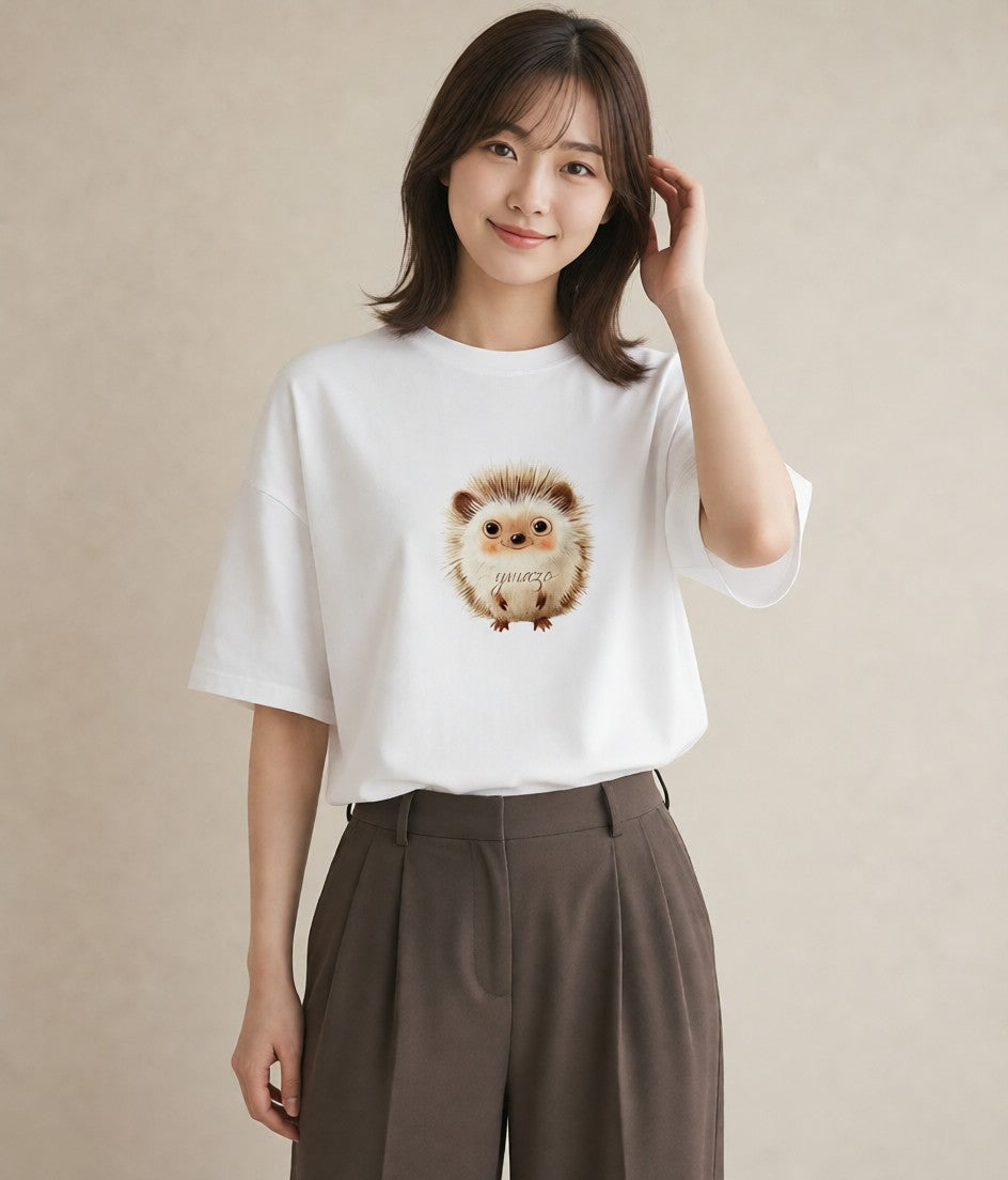 半袖Tシャツ レディース ハリネズミ ペット 動物 イラスト ニュアンス 女性 旅行用 白T