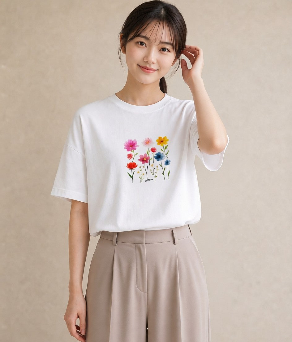 プリントTシャツ レディース コスモス 秋桜 花 花柄 イラスト ニュアンス レイヤード 友達ギフト 白T