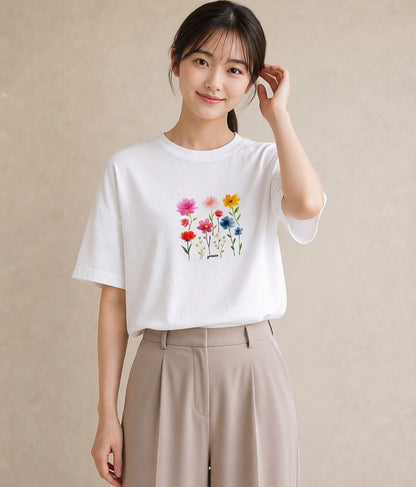 プリントTシャツ レディース コスモス 秋桜 花 花柄 イラスト ニュアンス レイヤード 友達ギフト 白T