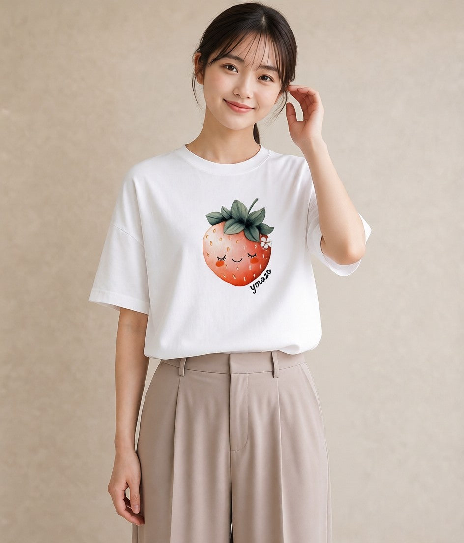 グラフィックTシャツ レディース いちご 苺 ストロベリー 食べ物 フード イラスト 淡色 レイヤード 友達ギフト 白T