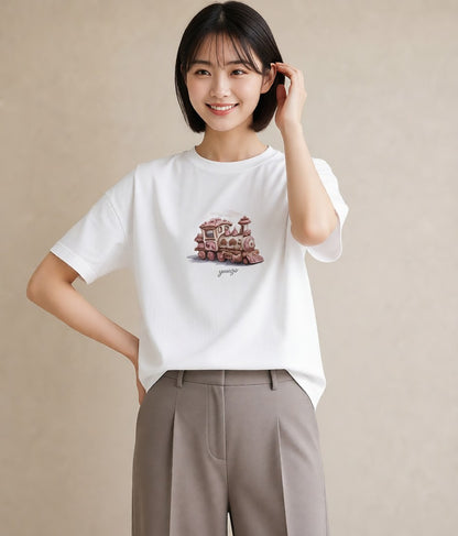 半袖Tシャツ レディース 駅のホーム ローカル線 駅 ナチュラル アンティーク イラスト ミニマル 自分用 ルームウェア 白T
