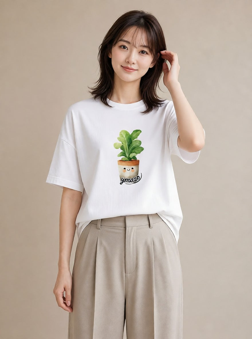 プリントTシャツ レディース 苔 植物 ボタニカル イラスト アート風 カジュアルコーデ 買い物 白T