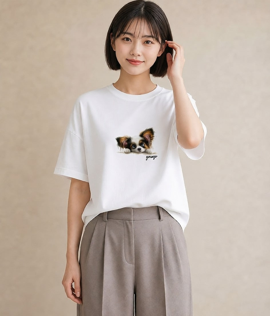 グラフィックTシャツ レディース パピヨン 犬 いぬ イラスト きれいめ ミセス 春コーデ 白T