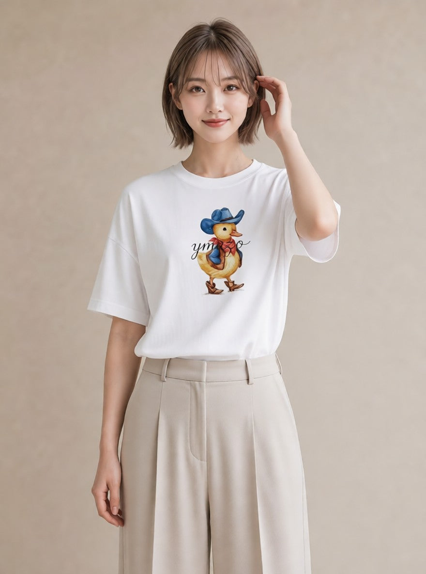 デザインTシャツ レディース アヒル 動物 アニマル イラスト ゆるかわ 春服 ミセス 白T