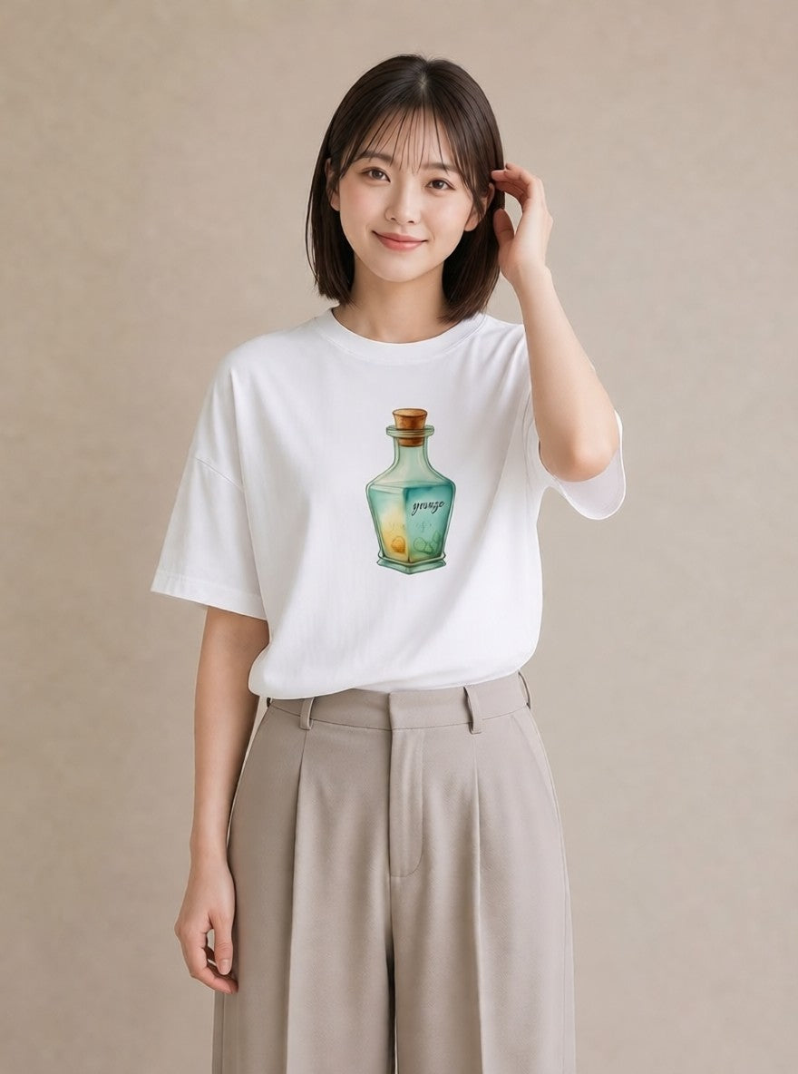 グラフィックTシャツ レディース ガラス瓶 小枝 ボタニカル ナチュラル アンティーク イラスト きれいめ レイヤード 友達ギフト 白T