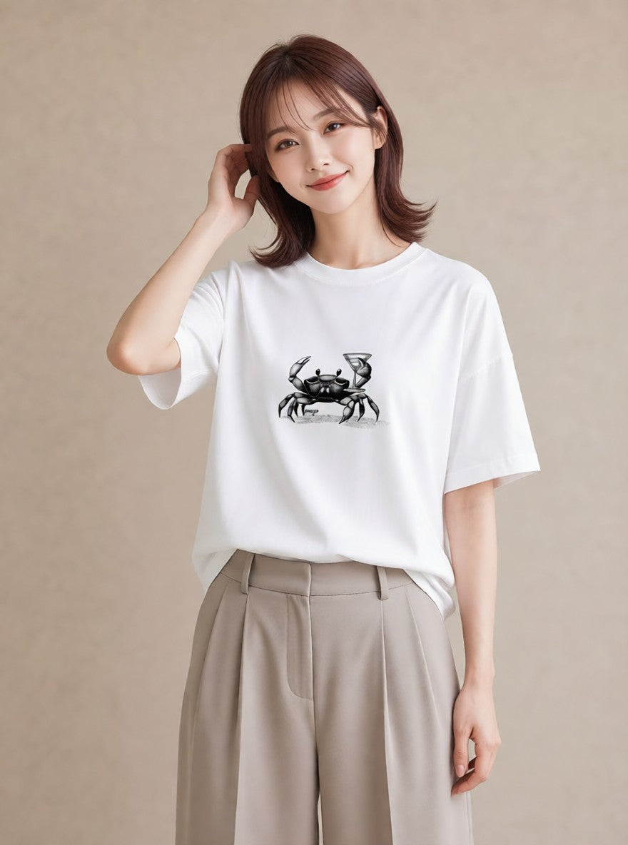 プリントTシャツ レディース カニ 海の生き物 海 イラスト 春コーデ 姉妹 白T