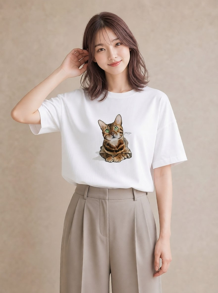 プリントTシャツ レディース ブリティッシュショートヘア 猫 ねこ イラスト ナチュラル デート 帰省 白T