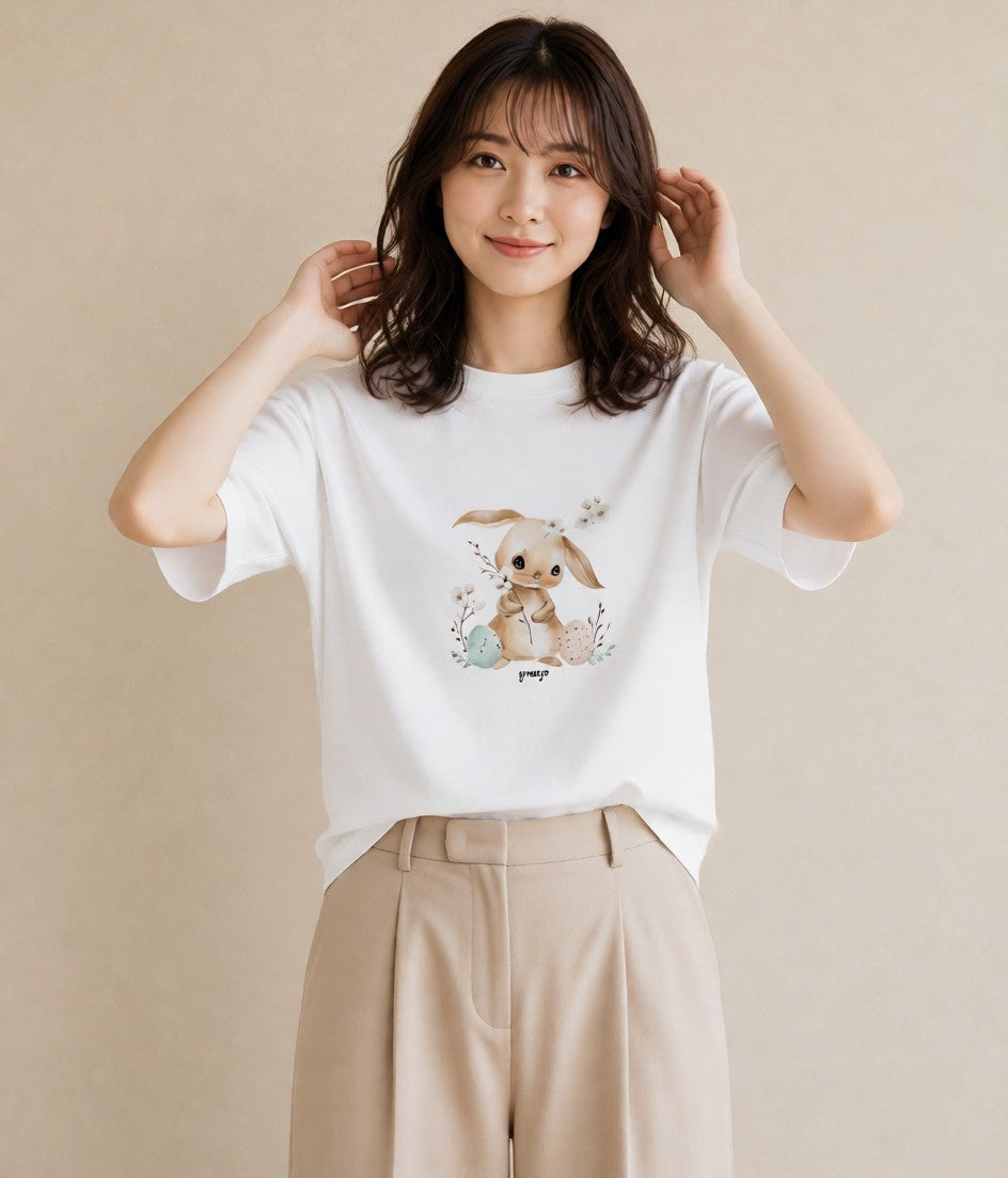 グラフィックTシャツ レディース うさちゃん ペット 動物 イラスト きれいめカジュアル ビーチ デイリーウェア 白T