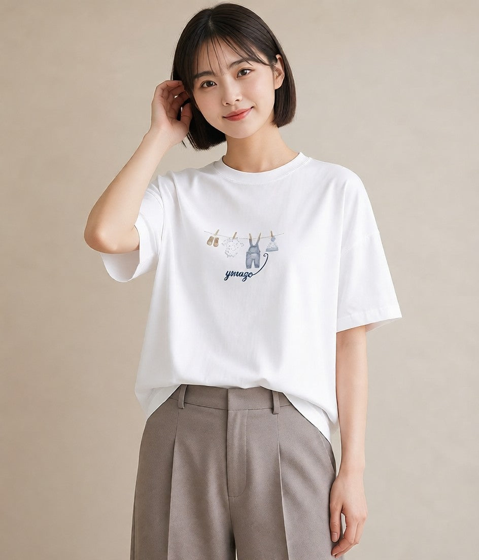 半袖Tシャツ レディース 洗濯物 風 ナチュラル アンティーク イラスト お洒落 レイヤード 友達ギフト 白T