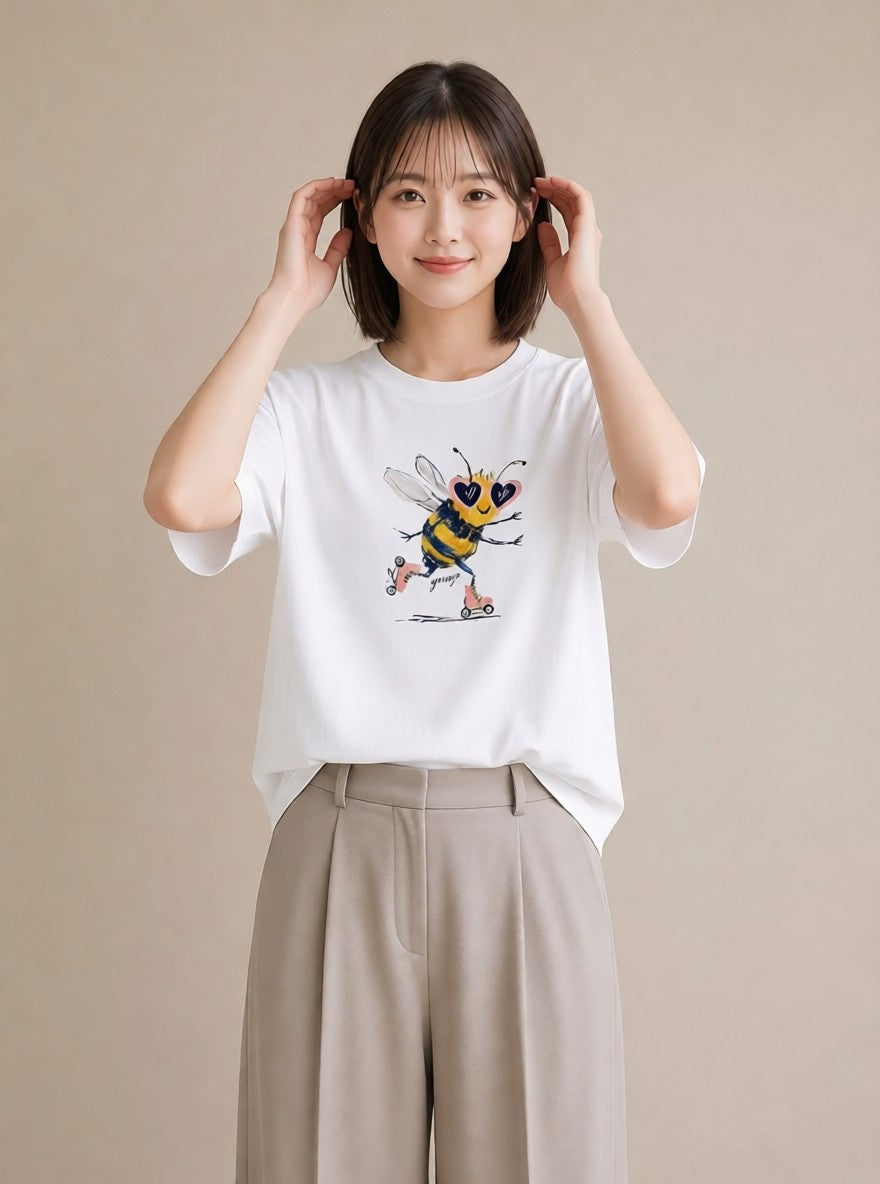 Tシャツ レディース みつばち 昆虫 虫 イラスト シンプル 帰省 ラフ 白T