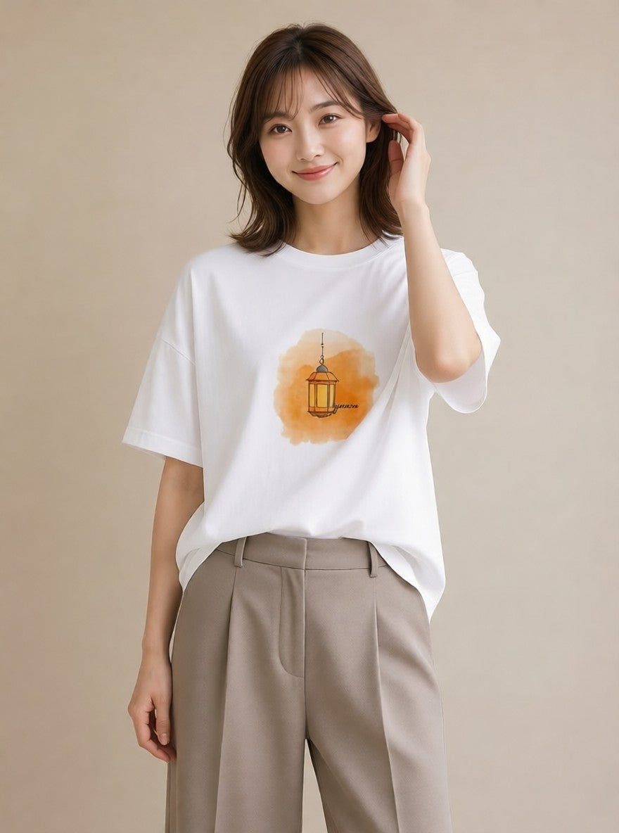 半袖Tシャツ レディース 街灯 夜霧 夜 ナチュラル アンティーク イラスト ポップ 部屋着 女性向けギフト 白T