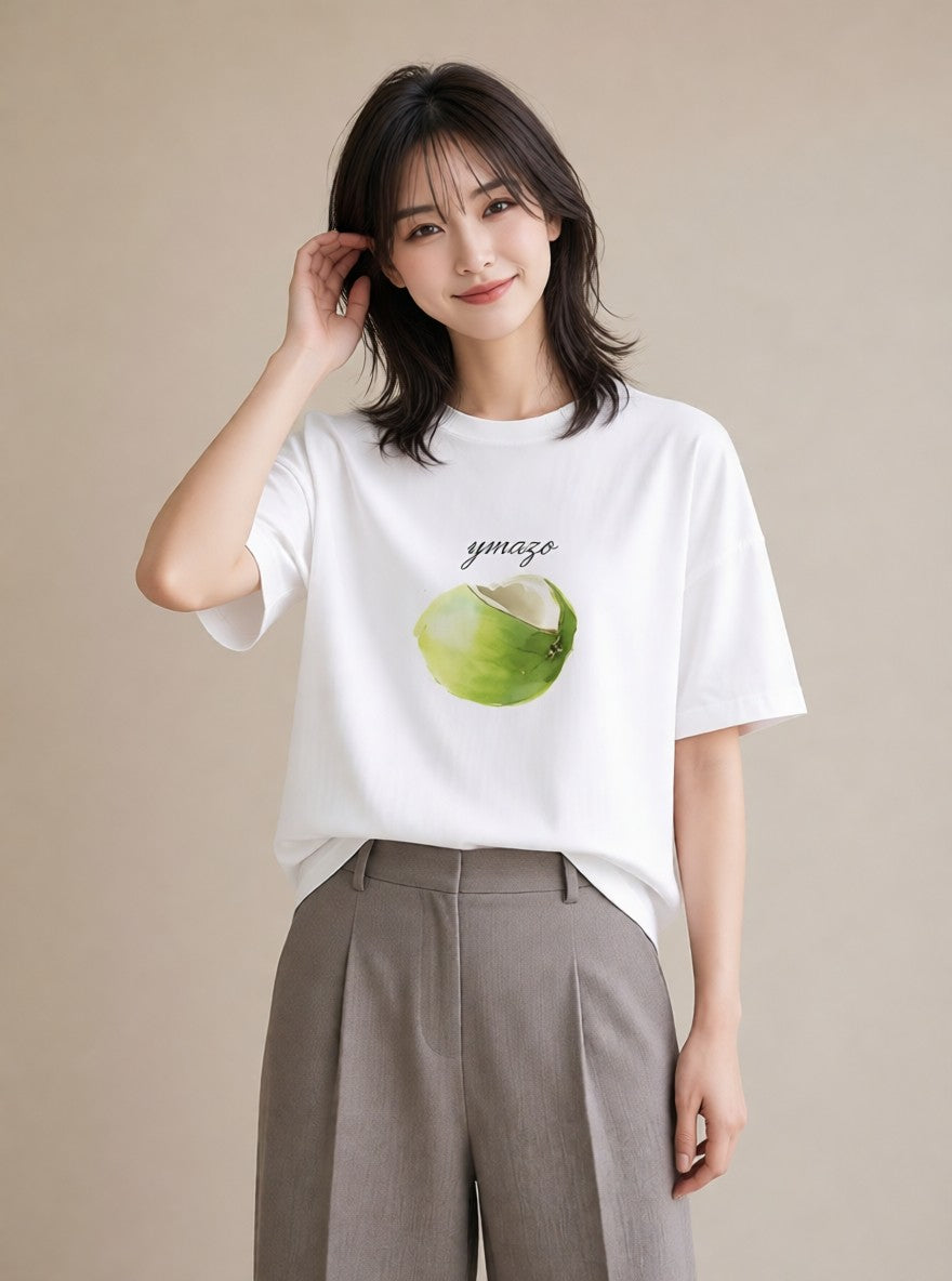 半袖Tシャツ レディース りんご 林檎 アップル 食べ物 フード イラスト 普段使い 旅行用 海 白T