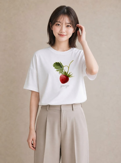 半袖Tシャツ レディース いちご 苺 ストロベリー 食べ物 フード イラスト 韓国風 春服 ミセス 白T