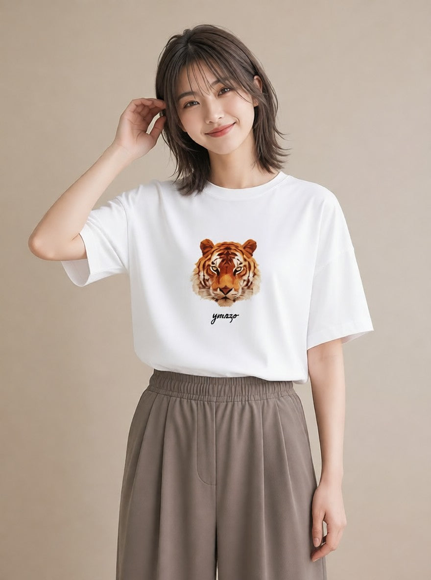 半袖Tシャツ レディース とら 動物 アニマル イラスト カジュアル ペアコーデ 秋コーデ 白T