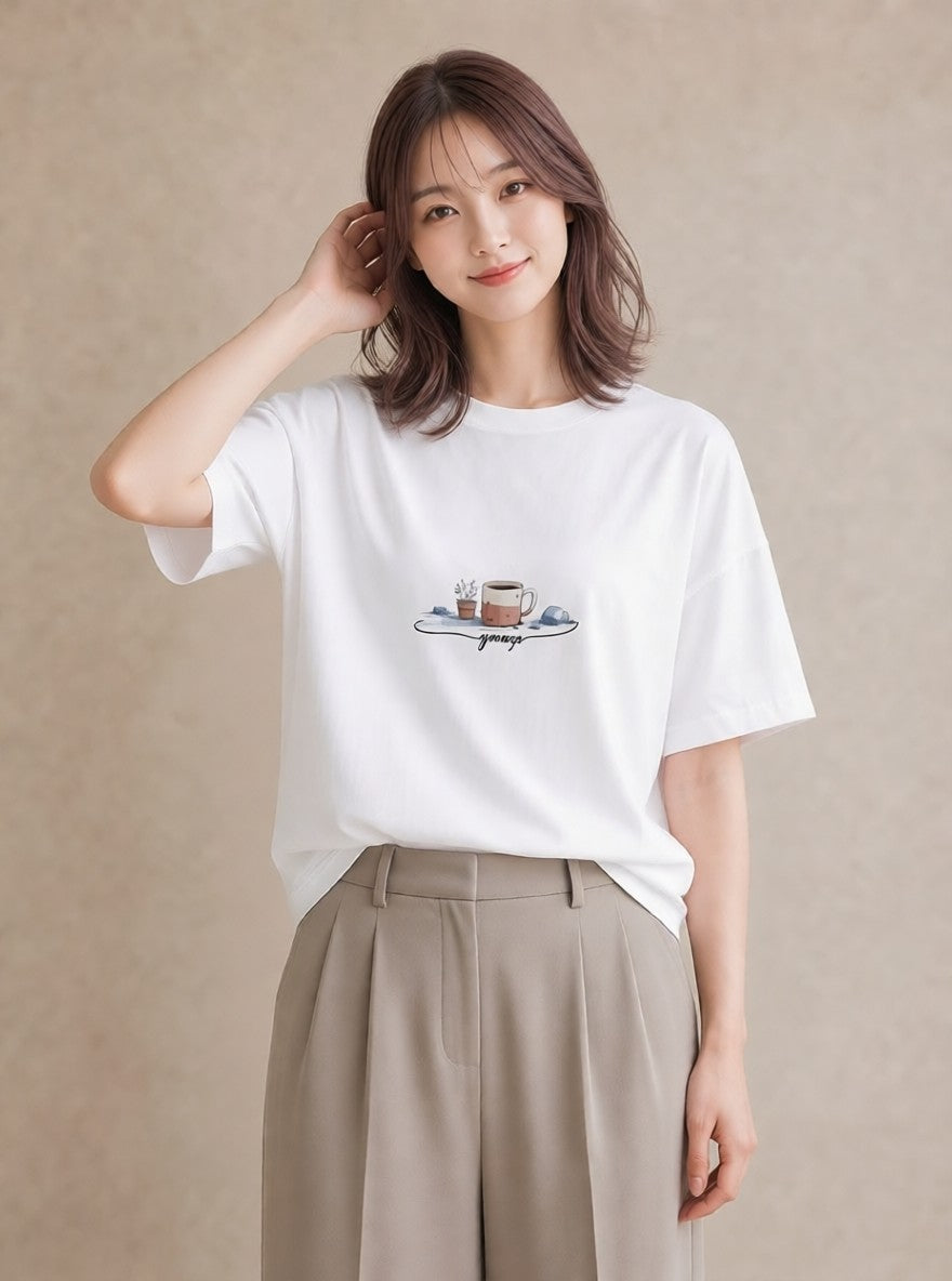 Tシャツ レディース エスプレッソ 食べ物 フード イラスト ヴィンテージ風 春服 ミセス 白T