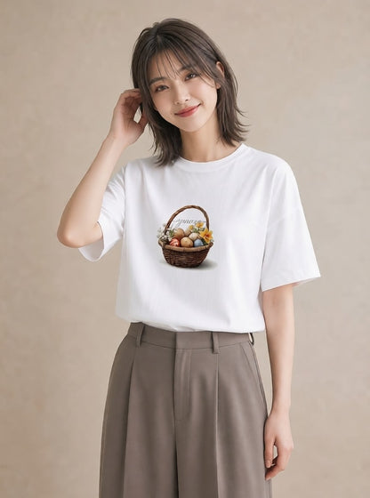 半袖Tシャツ レディース 自転車のかご 自転車 花かご ナチュラル アンティーク イラスト アート風 休日 ペアコーデ 白T