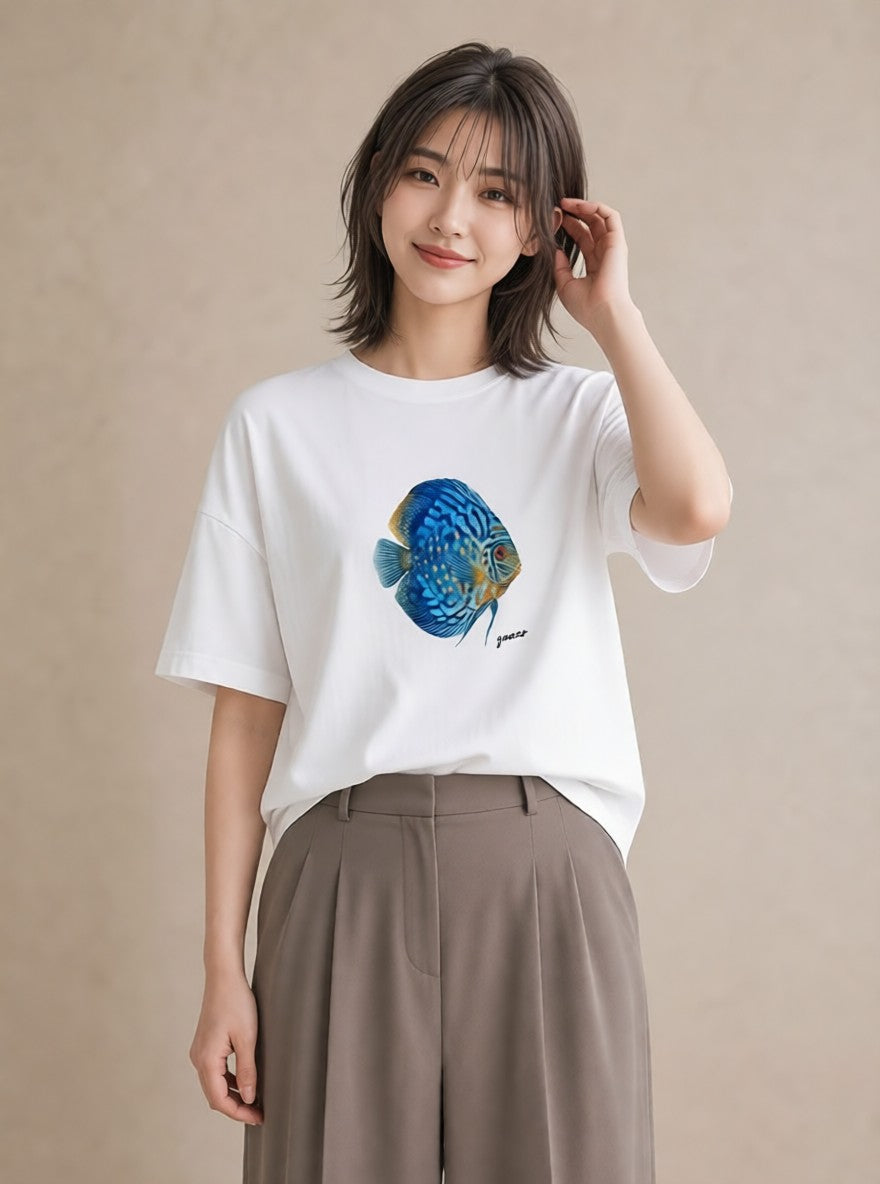 Tシャツ レディース 熱帯魚 ペット 動物 イラスト 上品 ラフ レイヤード 白T