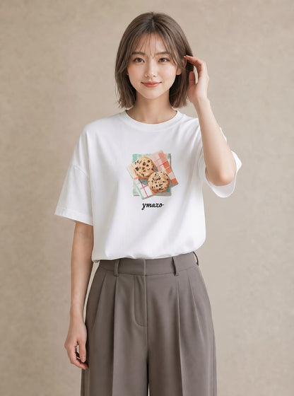 グラフィックTシャツ レディース マカロン 食べ物 フード イラスト 上品 散歩 お出かけ 白T