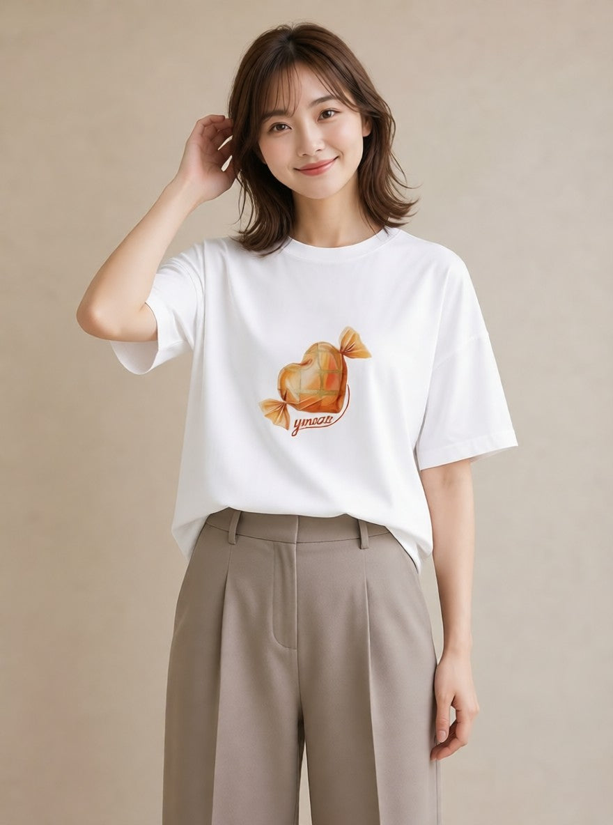 Tシャツ レディース キャンディ 食べ物 フード イラスト モード ペアコーデ 秋コーデ 白T