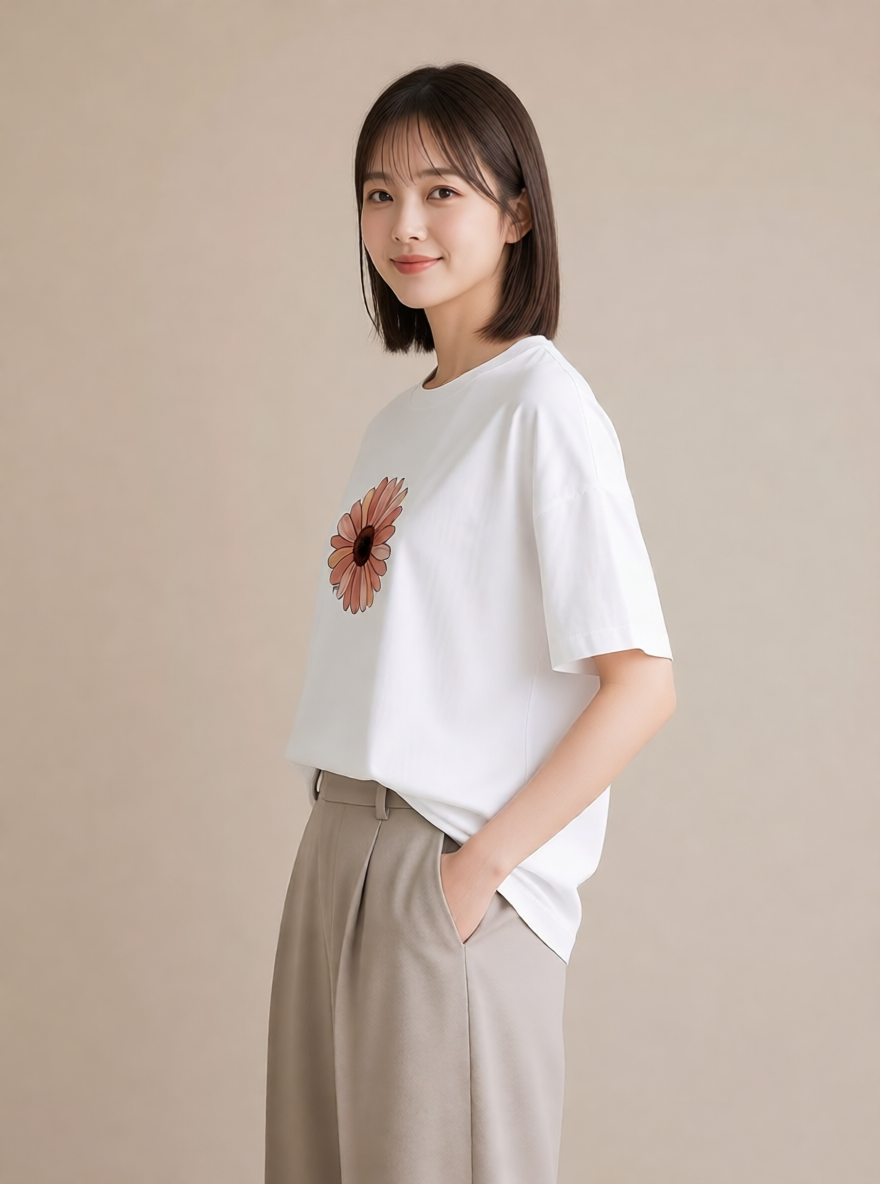 Tシャツ レディース ひまわり 向日葵 花 花柄 イラスト 帰省 ラフ 白T