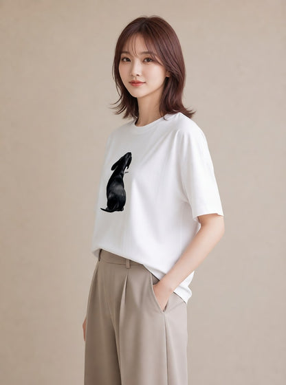 半袖Tシャツ レディース ミックス犬 犬 いぬ イラスト 韓国風 カジュアルコーデ 買い物 白T