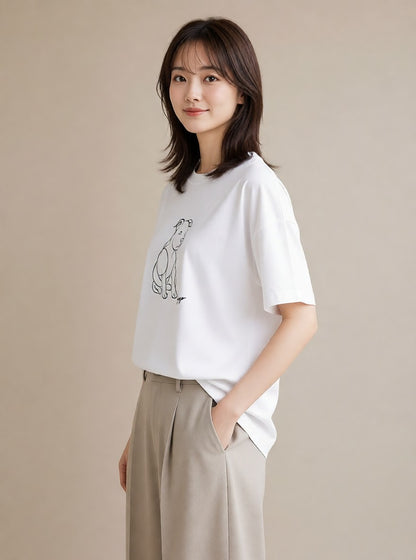 Tシャツ レディース 犬 いぬ わんこ イラスト 上品 お出かけ 普段着 白T
