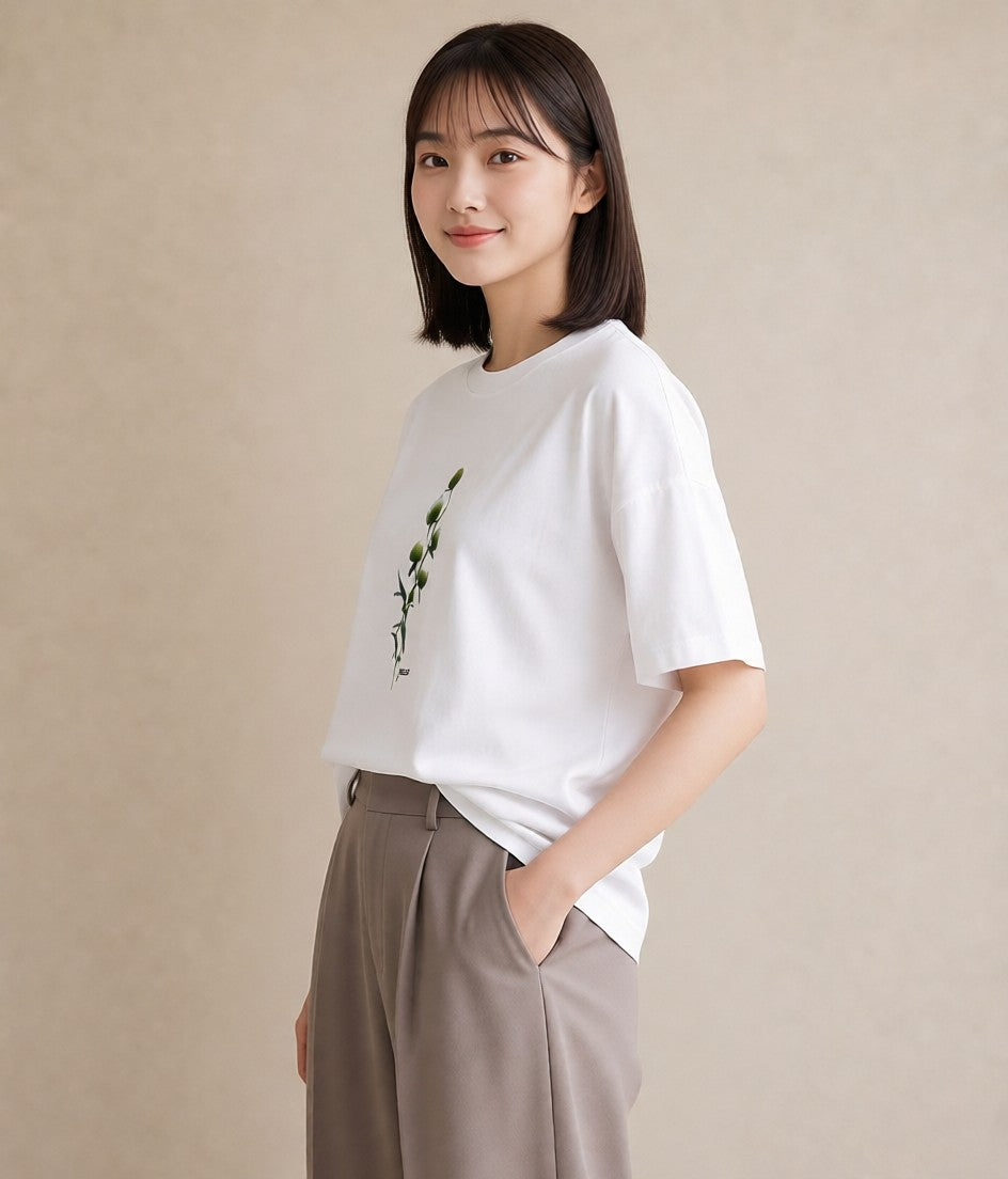 デザインTシャツ レディース ガラス瓶 小枝 ボタニカル ナチュラル アンティーク イラスト アート風 自分用 ルームウェア 白T