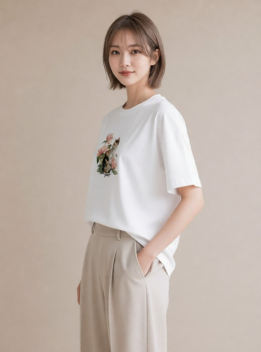 グラフィックTシャツ レディース おすわり猫 猫 ねこ イラスト 可愛い 週末コーデ 敬老の日 白T