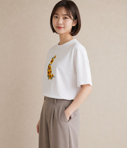 プリントTシャツ レディース ひまわり 向日葵 花 花柄 イラスト こなれ感 送別ギフト 通勤 白T