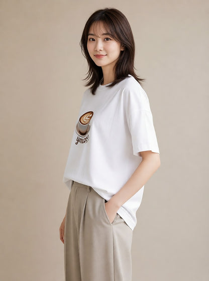 半袖Tシャツ レディース エスプレッソ 食べ物 フード イラスト 抜け感 通勤 在宅 白T