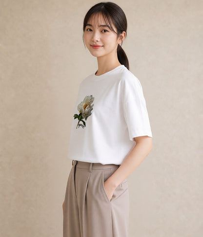 半袖Tシャツ レディース 牡丹 花 花柄 イラスト きれいめカジュアル 旅行用 海 白T