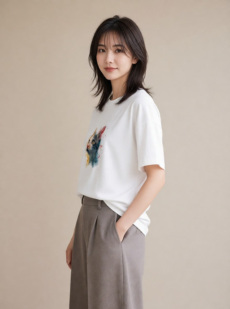 Tシャツ レディース ぶち猫 猫 ねこ イラスト 水彩風 お揃い 親子 白T