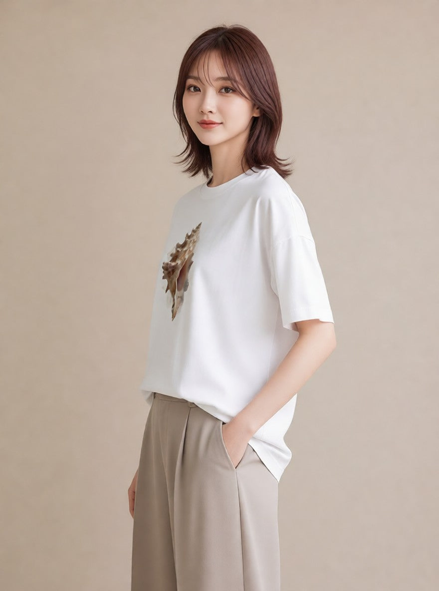 プリントTシャツ レディース 貝 海の生き物 海 イラスト ボタニカル ママ カフェ服 白T