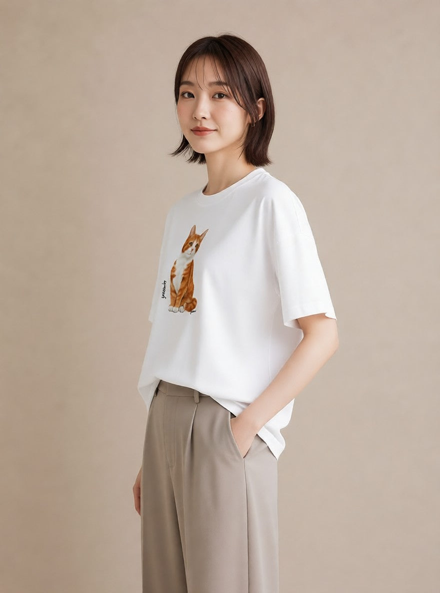 デザインTシャツ レディース アビシニアン 猫 ねこ イラスト ユニーク 旅行用 海 白T