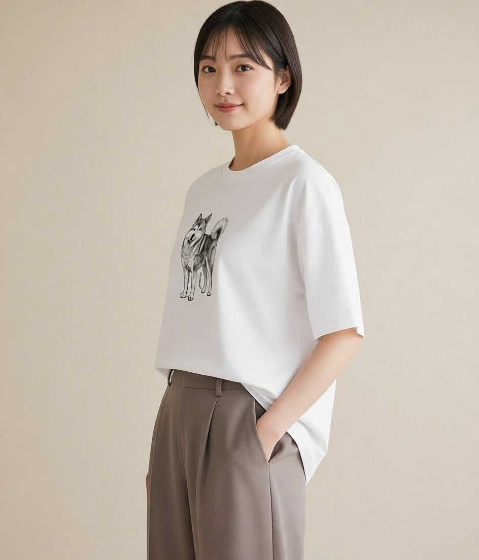 プリントTシャツ レディース 秋田犬 犬 いぬ イラスト ナチュラル ホワイトデー 春服 白T