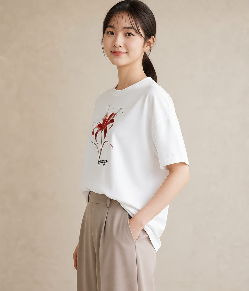 デザインTシャツ レディース 彼岸花 花 花柄 イラスト モード 敬老の日 ホワイトデー 白T