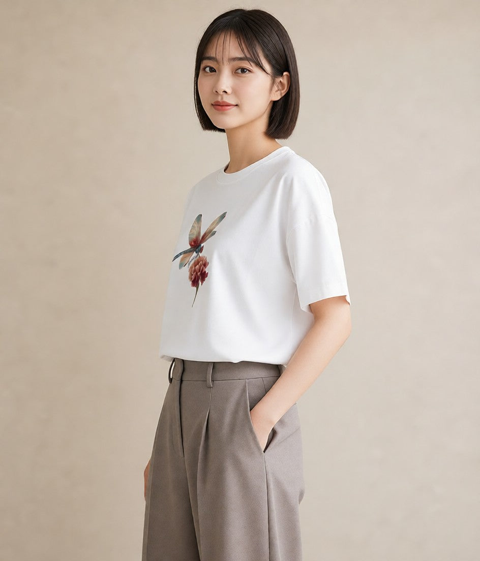デザインTシャツ レディース とんぼ 昆虫 虫 イラスト ニュアンス 帰省 ラフ 白T