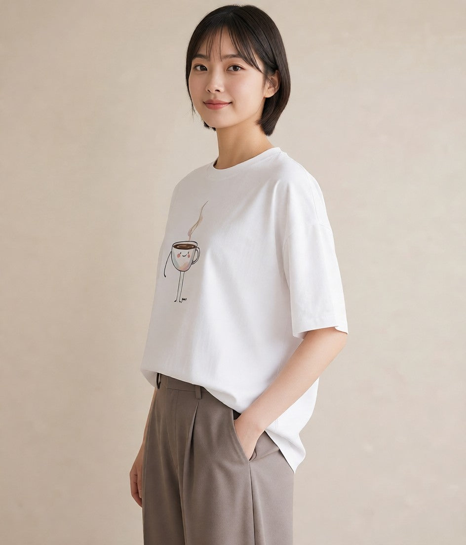 プリントTシャツ レディース コーヒー カフェ 珈琲 イラスト ガーリー 休日 ペアコーデ 白T