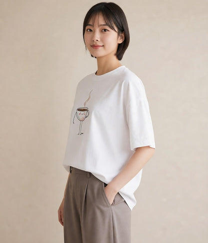 プリントTシャツ レディース コーヒー カフェ 珈琲 イラスト ガーリー 休日 ペアコーデ 白T