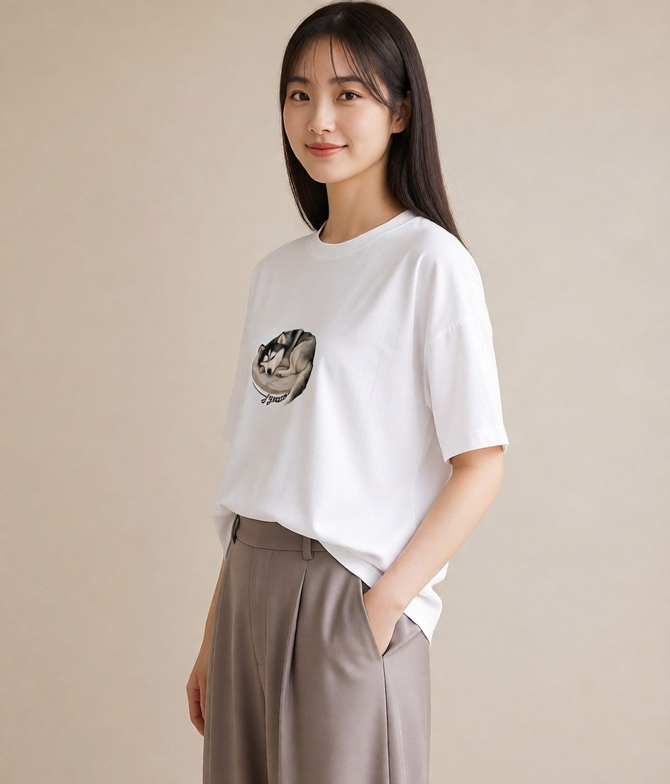 プリントTシャツ レディース シベリアンハスキー 犬 いぬ イラスト 旅行コーデ 社会人 女性 白T