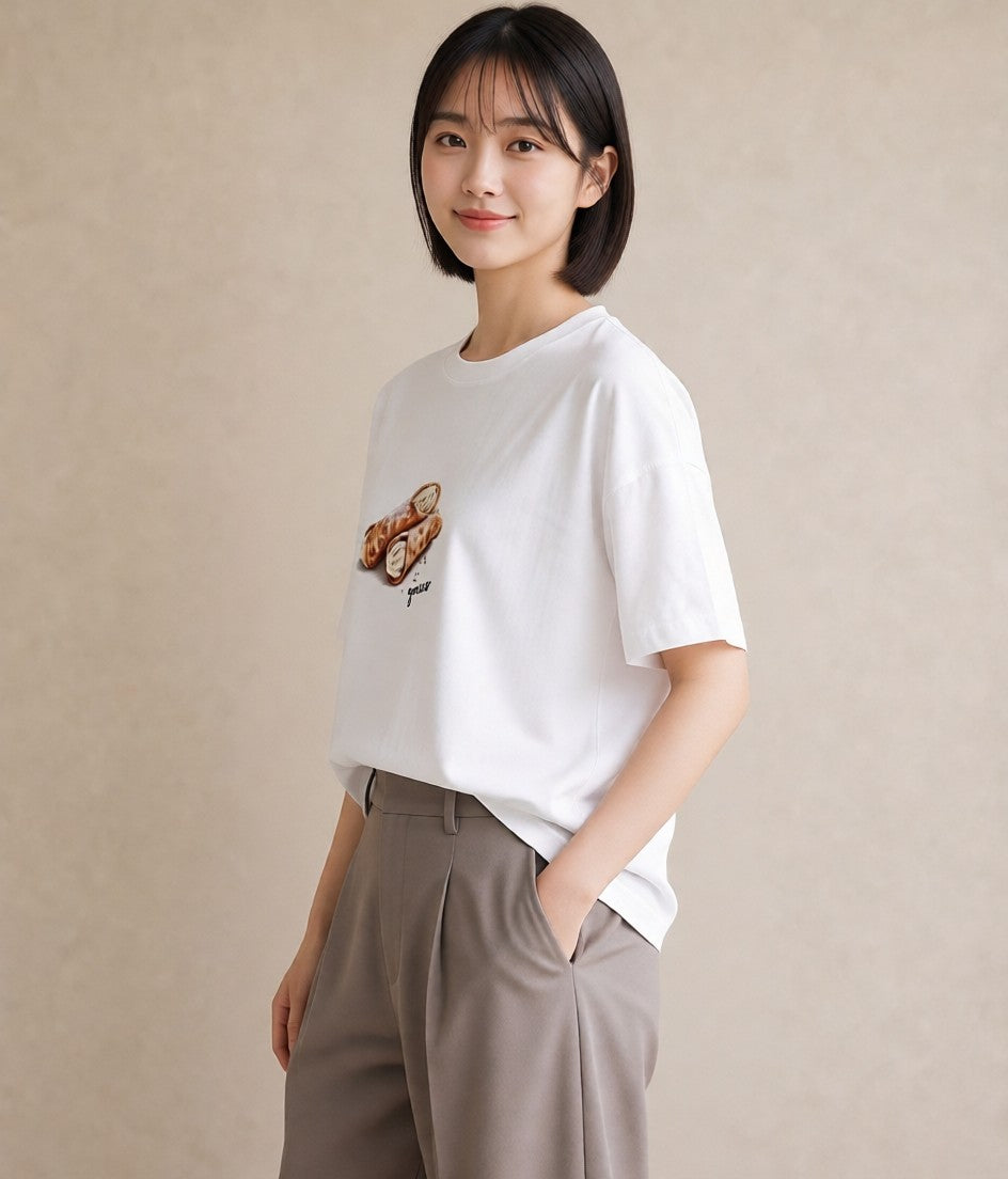 Tシャツ レディース パン 食べ物 フード イラスト きれいめカジュアル デート 帰省 白T