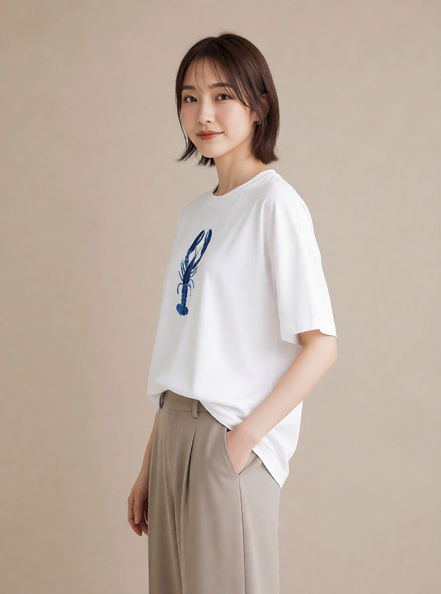 プリントTシャツ レディース エビ 海の生き物 海 イラスト 北欧風 春服 ミセス 白T