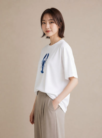 プリントTシャツ レディース エビ 海の生き物 海 イラスト 北欧風 春服 ミセス 白T