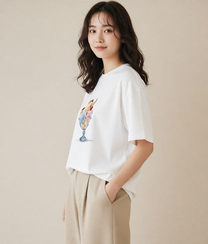 半袖Tシャツ レディース アイス 食べ物 フード イラスト 上品 カフェ巡り 女子会 白T
