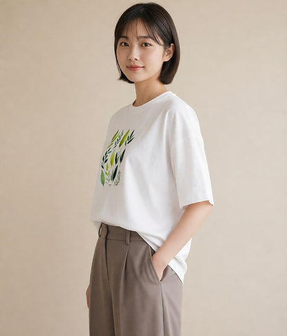 半袖Tシャツ レディース ボタニカル 植物 イラスト レトロ ペアコーデ 秋コーデ 白T