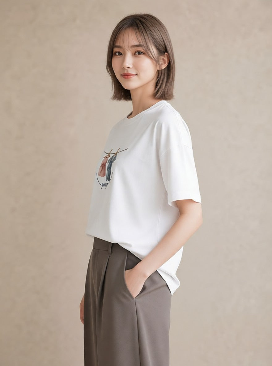 プリントTシャツ レディース 洗濯物 風 ナチュラル アンティーク イラスト 個性的 デイリーウェア 休日 白T